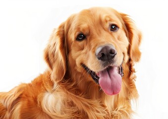 Obraz premium A cute Golden Retriever dog sticks out his tongue and smiles on a white background.