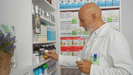 Man with grey hair and beard in a pharmacy, examining medication bottles on a shelf, depicted in an indoor drugstore environment with various pharmaceutical products.