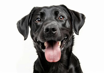 Fototapeta premium A cute Labrador Retriever dog sticks out his tongue and smiles on a white background.