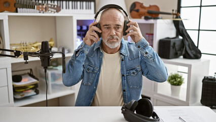 Middle-aged man adjusting headphones in a home recording studio with musical instruments background