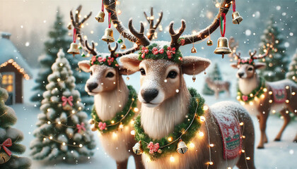 Reindeer with garlands and bells on their antlers. AI Generated