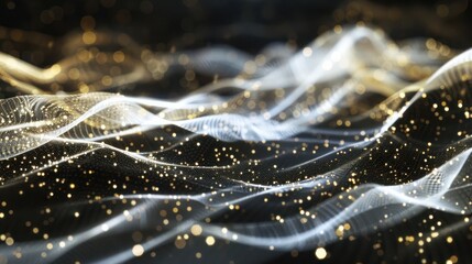 Luminous lattice of white and gold fibers sprawling across a black surface, suitable for elegant text placement