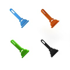 Colorful Rubber plunger with wooden handle for pipe cleaning icon isolated on white background. Toilet plunger. Minimalism concept. 3D render illustration