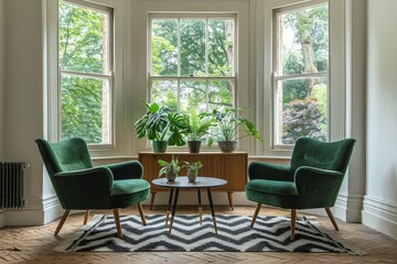 Fototapeta premium Modern mid-century living room with green armchairs, wooden sideboard, bay window, black chevron rug, and natural light.