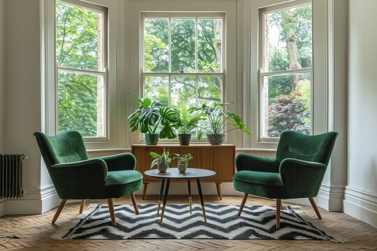 Modern mid-century living room with green armchairs, wooden sideboard, bay window, black chevron rug, and natural light.