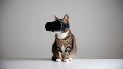 Tabby Cat Wearing Virtual Reality Headset on White Table