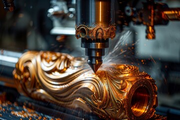 High-angle view of a computer numerical control (CNC) machining center carving intricate patterns into a metal block with coolant spraying, cinematic, stock photo 