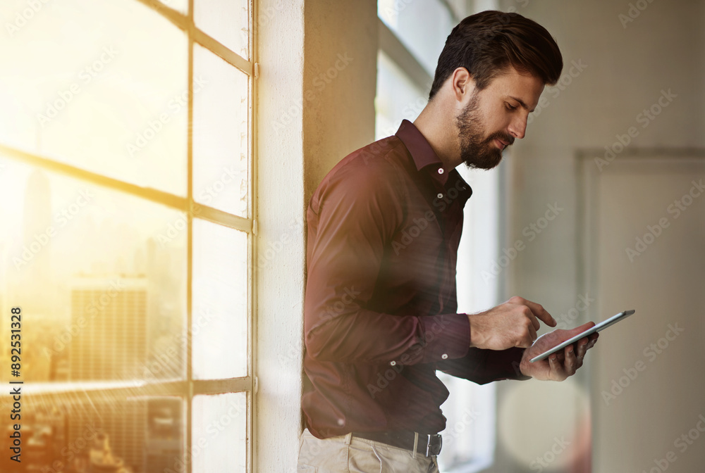 Poster creative, man and online with tablet in workplace for digital sketching, professional and website fo