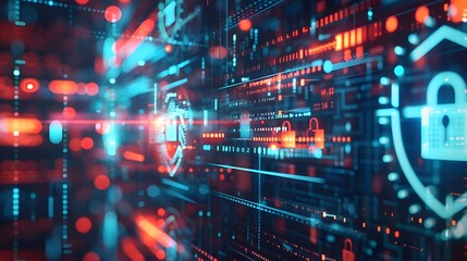 Obraz premium An abstract illustration representing the concept of cybersecurity, with digital locks, shields, and encryption codes, highlighting the importance of protecting data and digital privacy.
