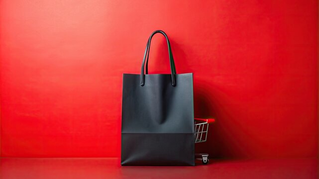 Minimalistic black shopping bag with red handles on a bold red background, resembling a small cart.