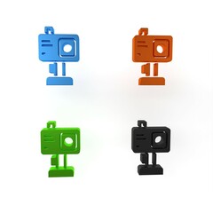 Colorful Action extreme camera icon isolated on white background. Video camera equipment for filming extreme sports. Minimalism concept. 3D render illustration