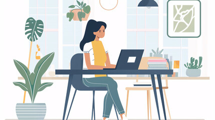 Woman Working From Home Using Laptop On Dining Table