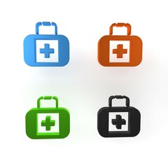 Obraz premium Colorful First aid kit icon isolated on white background. Medical box with cross. Medical equipment for emergency. Healthcare concept. Minimalism concept. 3D render illustration