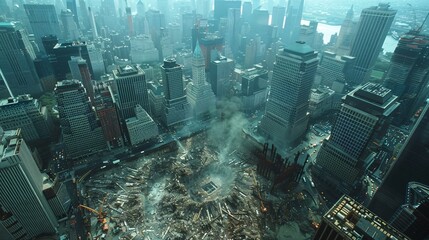 Aerial view of Ground Zero with rescue efforts in full swing