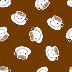 Seamless pattern with cute cups on a brown background. Tea or coffee pattern