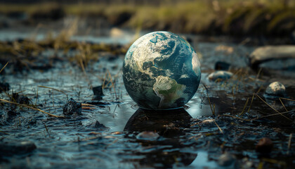 A globe of the Earth sits in a muddy and wet environment, reflecting environmental concerns.
