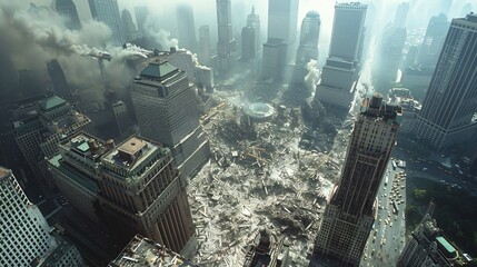 Aerial view of Ground Zero with rescue efforts in full swing