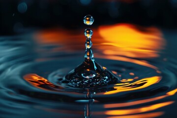 Close-up of a water droplet rebounding with a warm, glowing backdrop