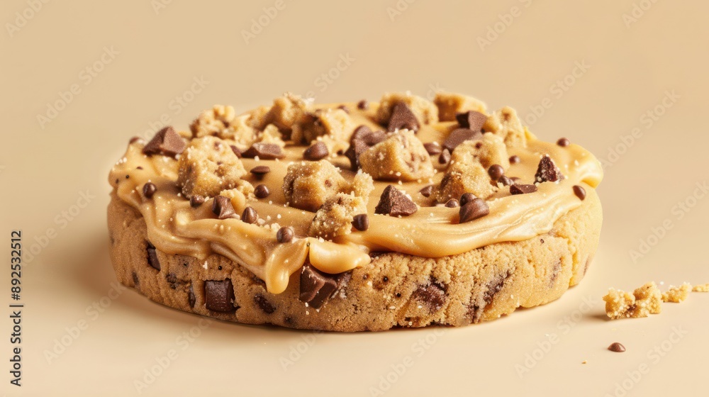 Fototapete playful cookie dough cake with chunks of cookie on a soft tan background, fun and inviting for playful text
