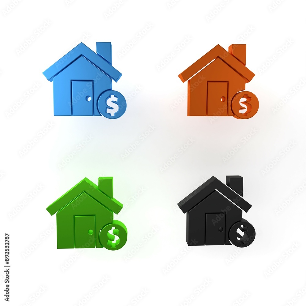 Sticker Colorful House with dollar symbol icon isolated on white background. Home and money. Real estate concept. Minimalism concept. 3D render illustration