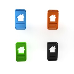 Colorful Online real estate house on smartphone icon isolated on white background. Home loan concept, rent, buy, buying a property. Minimalism concept. 3D render illustration
