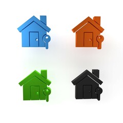 Colorful House with key icon isolated on white background. The concept of the house turnkey. Minimalism concept. 3D render illustration