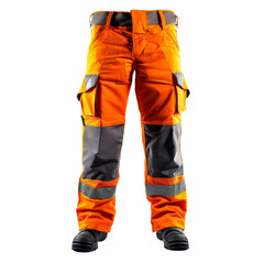 Isolated Bright Orange Work Pants with Reflective Stripes and Pockets.
