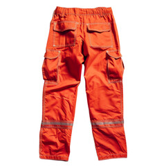 Isolated Bright Orange Fire Safety Pants with Multiple Pockets.