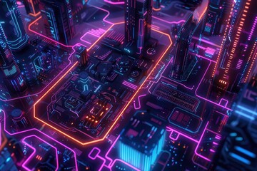 Fototapeta premium Digital City: Exploring Technology and Communication - A Vibrant Cityscape of Neon Circuits, Electronic Streets, and Skyscrapers in Cyberspace