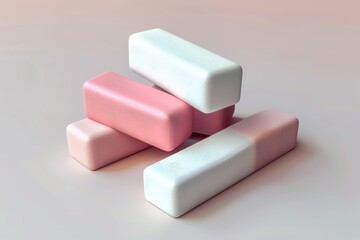 Four pink and white erasers stacked in a neat arrangement on a light gradient background, perfect for stationary or school-related themes.