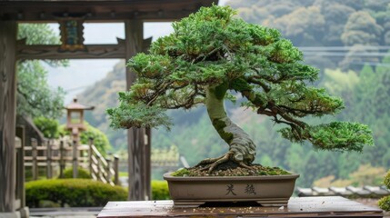 Fototapeta premium A beautiful bonsai tree showcasing intricate branches against a serene garden backdrop, symbolizing patience and harmony.