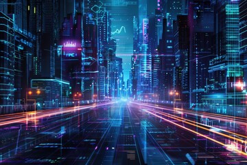 Naklejka premium Digital City: Exploring Technology and Communication - A Vibrant Cityscape of Neon Circuits, Electronic Streets, and Skyscrapers in Cyberspace