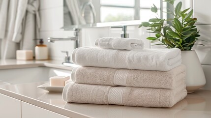 Stack of fresh, neatly folded towels on a bathroom counter with a potted plant and soap in the background, creating a clean and cozy atmosphere.