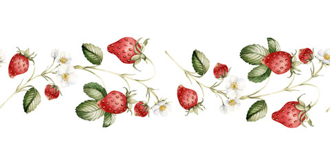 Strawberry with flowers and leaves on the stem, watercolor isolated illustration. Seamless border for food packages