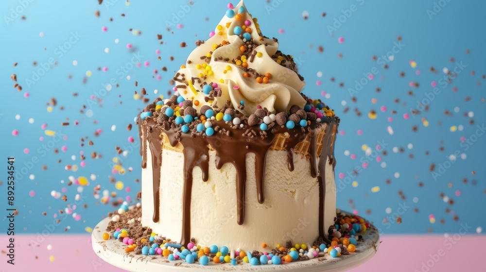 Fototapete playful ice cream cone cake with dripping chocolate and sprinkles on a bright vanilla background, fun and inviting for cheerful text