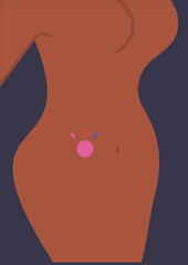 紫背景の女性のお腹に貼られたピンク色のホルモン充填用シール