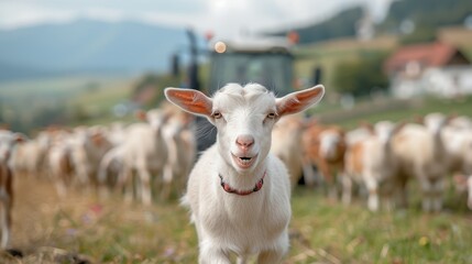 A white goat stands prominently in the foreground with a blurred background of other goats, illustrating the simplicity and charm of outdoor rural environments and livestock.