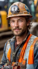 Young male construction worker in safety gear smiling at outdoor construction site with machinery in the background