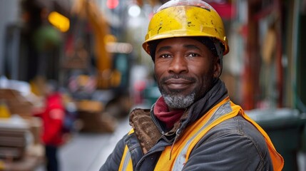 Middle-aged male construction worker in a safety helmet smiling confidently on a busy urban street construction site.