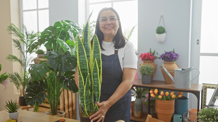 Obraz premium A smiling woman standing amidst vibrant plants in an indoor flower shop.