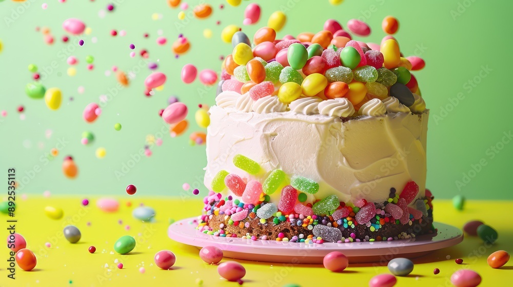 Fototapete playful jelly bean cake with a cascade of candies on a bright lime background, fun and inviting for 