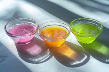 Fototapeta premium Three vibrant gelatin cups casting shadows on a white surface, illuminated by natural light