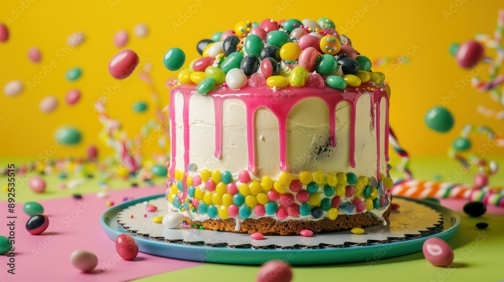 Fototapete playful jelly bean cake with a cascade of candies on a bright lime background, fun and inviting for text