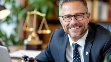 Fototapeta premium A friendly lawyer with glasses smiles warmly, surrounded by legal items on his desk, in a professional office setting, emphasizing his approachable nature and readiness to assist.