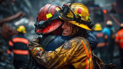 An emotional embrace between two rescue workers at Ground Zero