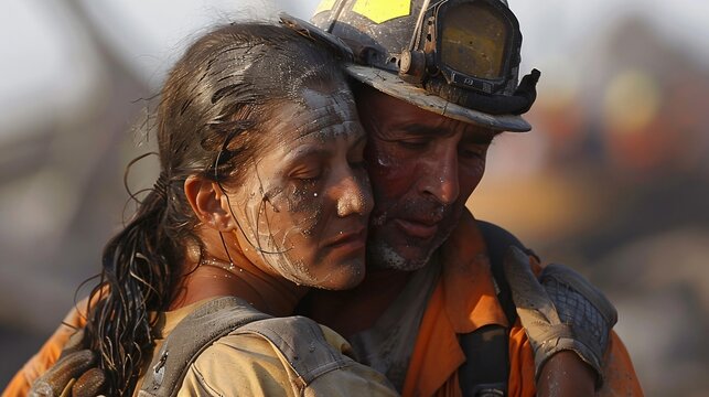 An emotional embrace between two rescue workers at Ground Zero - Powered by Adobe
