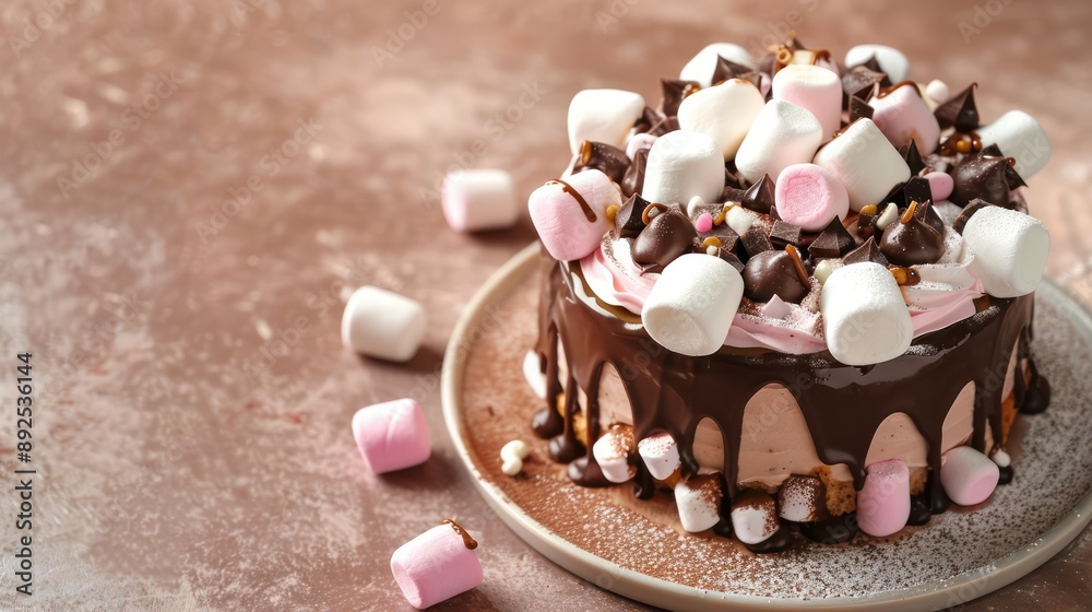 Fototapete playful marshmallow and chocolate cake with marshmallow frosting on a light chocolate background, sw