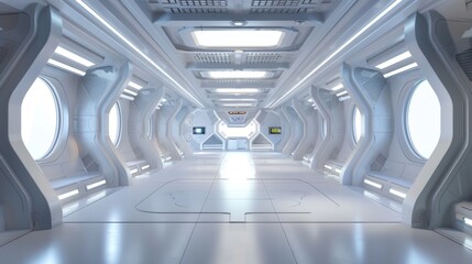 Obraz premium A corridor of the future, a fantasy environment. Wide, high-ceilinged, with curved walls, the corridor is framed by several doors. The atmosphere is clean, sterile and technologically advanced.