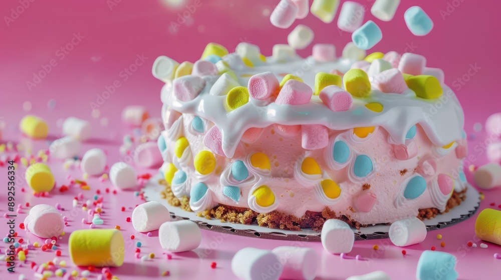 Fototapete playful marshmallow cake with colorful marshmallow bits on a bright candy pink background, fun and i