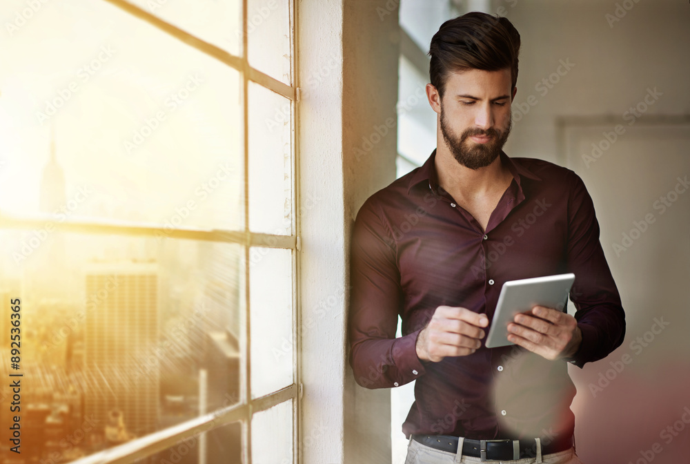 Poster typing, business and man with tablet, window and social media with digital app in modern office. new
